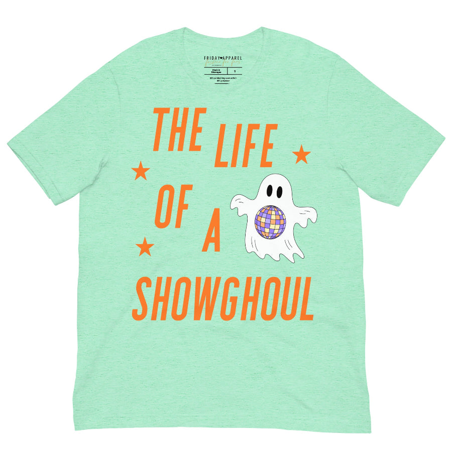 Life of a Showghoul Swiftie-inspired Halloween t-shirt with disco ghost design, 100% combed ring spun cotton, unisex sizing. mint orange sparkly glitter ghost ghoul mirrorball disco stars taylor swift graphic tee tshirt unisex listening party october 3rd outfit costume the eras tour swiftie