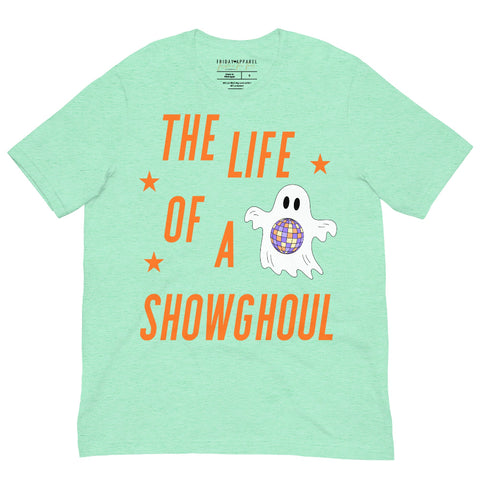Life of a Showghoul Swiftie-inspired Halloween t-shirt with disco ghost design, 100% combed ring spun cotton, unisex sizing. mint orange sparkly glitter ghost ghoul mirrorball disco stars taylor swift graphic tee tshirt unisex listening party october 3rd outfit costume the eras tour swiftie