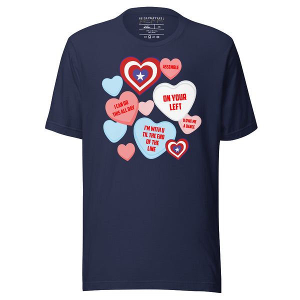 Captain America Candy Hearts Conversation Quote T-Shirt. Navy gildan softstyle graphic tee with red, blue, pink, white hearts and quotes from Avengers Marvel movies. Assemble, on your left, i can do this all day, i'm with you til the end of the line, you owe me a dance. Valentine's Day. Avenger's Campus.