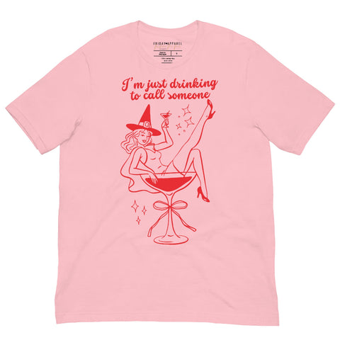 Pink ‘I’m Just Drinking to Call Someone’ witch Halloween t-shirt with retro cocktail glass design, 100% combed ring spun cotton, unisex sizing. graphic tee tshirt unisex women girls sabrina carpenter witch go go juice house tour mans best friend costume outfit party