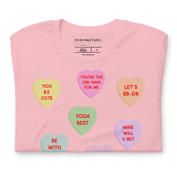 Galaxy candy hearts Valentine shirt with pastel heart phrases inspired by sci-fi fandom