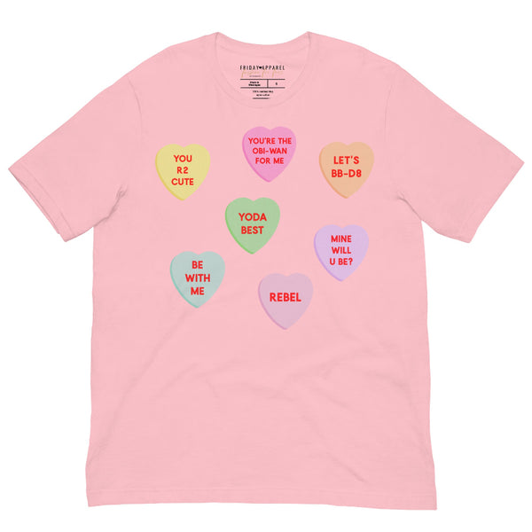Galaxy candy hearts Valentine shirt with pastel heart phrases inspired by sci-fi fandom
