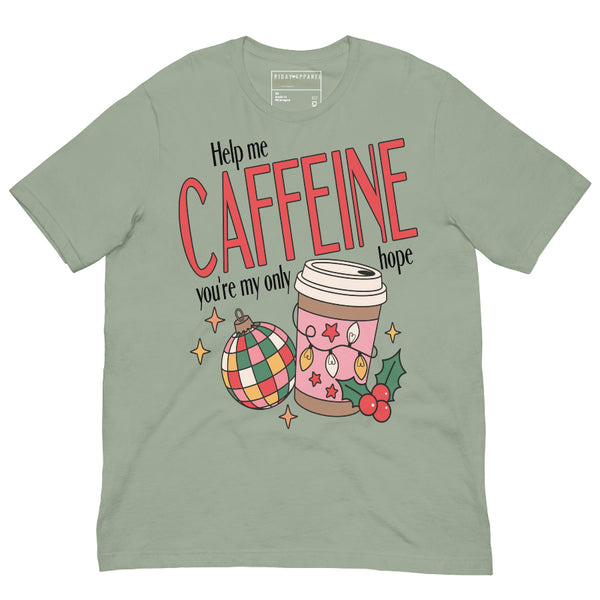 unisex t-shirt with “Help Me Caffeine You’re My Only Hope” holiday design featuring festive latte cup, colorful Christmas ornament, and holly. Funny coffee lover Christmas graphic printed on 100% combed ring-spun cotton tee, unisex sizing XS–4XL. Star Wars princess leia a new hope obi wan kenobi r2d2 movie quote