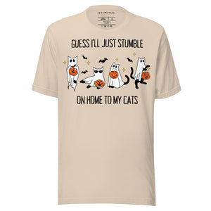 Swiftie Halloween shirt gray ‘Guess I’ll Just Stumble on Home to My Cats’ t-shirt with ghost cats and jack-o-lanterns. taylor swift graphic tee bats holiday outfit costume beige