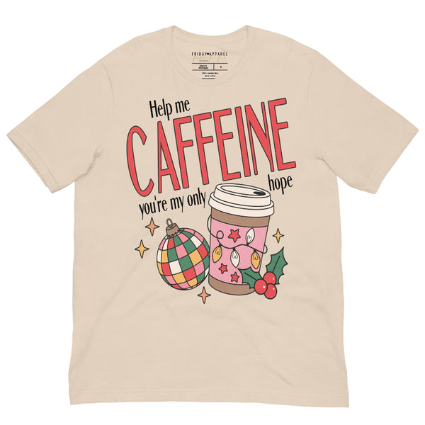 unisex t-shirt with “Help Me Caffeine You’re My Only Hope” holiday design featuring festive latte cup, colorful Christmas ornament, and holly. Funny coffee lover Christmas graphic printed on 100% combed ring-spun cotton tee, unisex sizing XS–4XL. Star Wars princess leia a new hope obi wan kenobi r2d2 movie quote