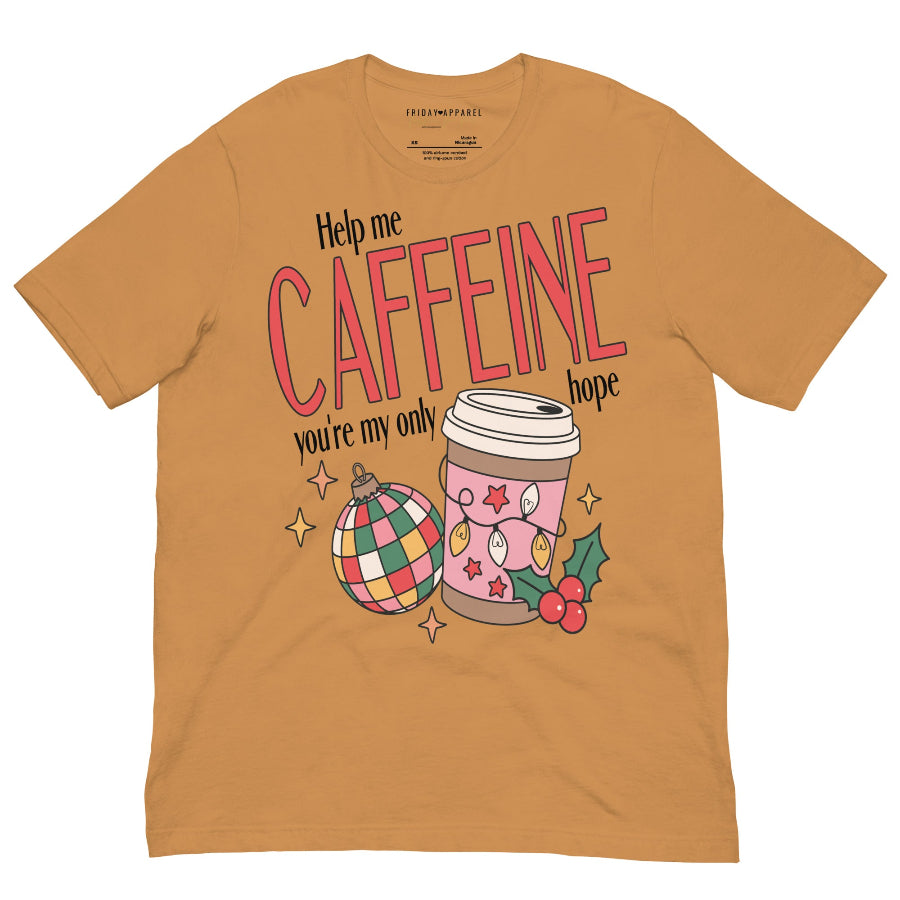 unisex t-shirt with “Help Me Caffeine You’re My Only Hope” holiday design featuring festive latte cup, colorful Christmas ornament, and holly. Funny coffee lover Christmas graphic printed on 100% combed ring-spun cotton tee, unisex sizing XS–4XL. Star Wars princess leia a new hope obi wan kenobi r2d2 movie quote