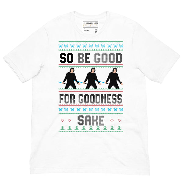 Light blue unisex t-shirt with “So Be Good for Goodness Sake” holiday ugly sweater design featuring three illustrated Ben Solo silhouettes, Star Wars and Reylo-inspired Christmas fandom shirt printed on 100% combed ring spun cotton, inclusive sizing. Kylo Ren Shrug LIghtsaber Adam Driver