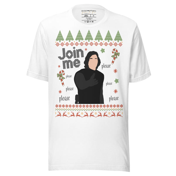 Sand beige unisex t-shirt featuring Kylo Ren “Join Me please” holiday ugly-sweater style design with candy canes, trees, stars, and repeated “please” text. Star Wars Reylo fandom merch referencing Adam Driver, printed on 100% combed ring-spun cotton tee, unisex sizing XS–4XL. save the hunt for ben solo