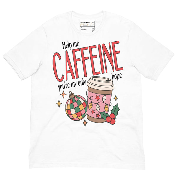 unisex t-shirt with “Help Me Caffeine You’re My Only Hope” holiday design featuring festive latte cup, colorful Christmas ornament, and holly. Funny coffee lover Christmas graphic printed on 100% combed ring-spun cotton tee, unisex sizing XS–4XL. Star Wars princess leia a new hope obi wan kenobi r2d2 movie quote