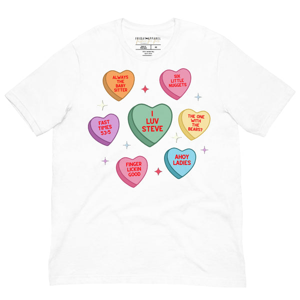 Unisex white t-shirt with Steve Harrington inspired candy heart Valentine design featuring “I Luv Steve” and retro sayings
