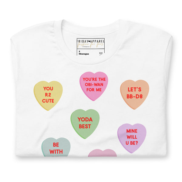 Galaxy candy hearts Valentine shirt with pastel heart phrases inspired by sci-fi fandom