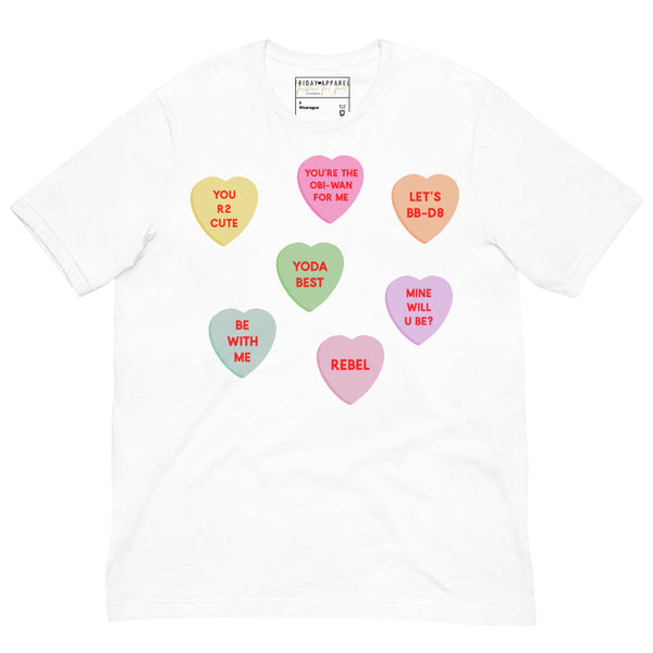 Galaxy candy hearts Valentine shirt with pastel heart phrases inspired by sci-fi fandom