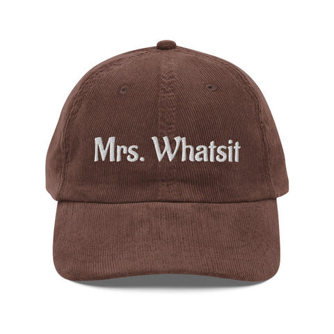Mrs. Whatsit embroidered corduroy cap, Stranger Things Henry Creel Vecna inspired vintage hat, low-profile unstructured cotton cap with gold buckle.