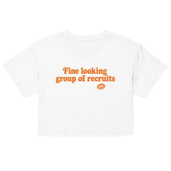 White cropped graphic t-shirt with distressed orange “Fine Looking Group of Recruits” lettering and small kiss graphic.