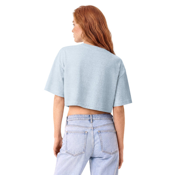 Woman wearing a vintage garment-dyed cropped tee featuring a Why Can't You Come Stitch Me Up inspired design. Relaxed washed Bella + Canvas cropped t-shirt for Ben Solo fans, Reylo readers, Galaxy's Edge outfits, and subtle fandom fashion.