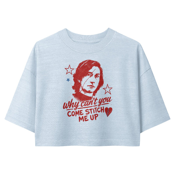 Woman wearing a vintage garment-dyed cropped tee featuring a Why Can't You Come Stitch Me Up inspired design. Relaxed washed Bella + Canvas cropped t-shirt for Ben Solo fans, Reylo readers, Galaxy's Edge outfits, and subtle fandom fashion.