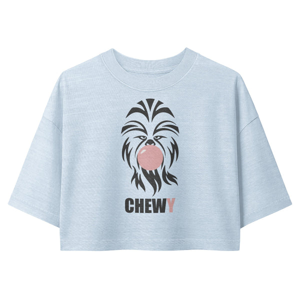 Woman wearing a vintage garment-dyed cropped tee featuring an adorable bubble tea-inspired Wookiee design. Relaxed washed Bella + Canvas cropped t-shirt for Galaxy's Edge outfits, Disneyland trips, bubble tea lovers, and subtle fandom fashion.