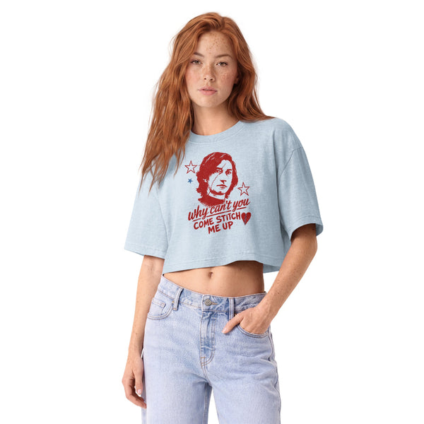 Woman wearing a vintage garment-dyed cropped tee featuring a Why Can't You Come Stitch Me Up inspired design. Relaxed washed Bella + Canvas cropped t-shirt for Ben Solo fans, Reylo readers, Galaxy's Edge outfits, and subtle fandom fashion.