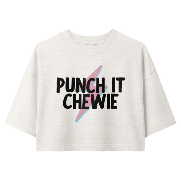 a vintage garment-dyed cropped tee featuring the phrase "Punch It, Chewie!" Relaxed washed Bella + Canvas cropped t-shirt inspired by Han Solo and Chewbacca, perfect for Millennium Falcon: Smugglers Run, Galaxy's Edge outfits, and Batuu adventures.