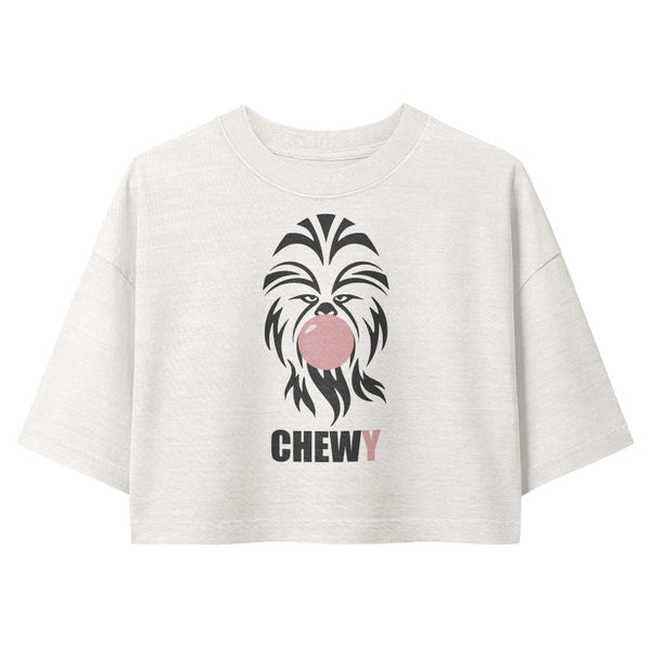 Woman wearing a vintage garment-dyed cropped tee featuring an adorable bubble tea-inspired Wookiee design. Relaxed washed Bella + Canvas cropped t-shirt for Galaxy's Edge outfits, Disneyland trips, bubble tea lovers, and subtle fandom fashion.