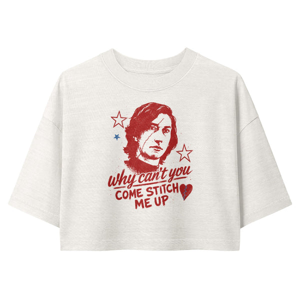 Woman wearing a vintage garment-dyed cropped tee featuring a Why Can't You Come Stitch Me Up inspired design. Relaxed washed Bella + Canvas cropped t-shirt for Ben Solo fans, Reylo readers, Galaxy's Edge outfits, and subtle fandom fashion.