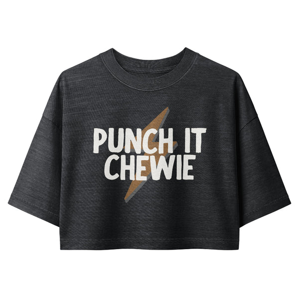 black a vintage garment-dyed cropped tee featuring the phrase "Punch It, Chewie!" Relaxed washed Bella + Canvas cropped t-shirt inspired by Han Solo and Chewbacca, perfect for Millennium Falcon: Smugglers Run, Galaxy's Edge outfits, and Batuu adventures.
