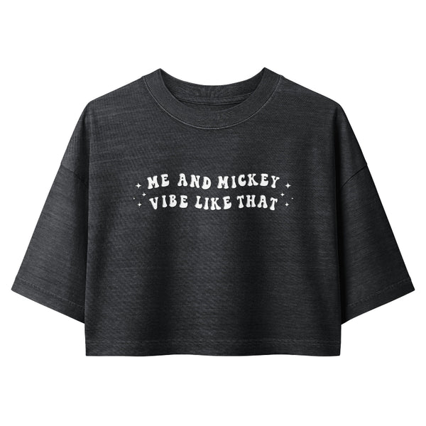 a vintage garment-dyed cropped tee featuring a Karma x Mickey inspired design. Relaxed washed Bella + Canvas cropped t-shirt for Swifties, Disney adults, Disneyland outfits, and Disney World vacations.