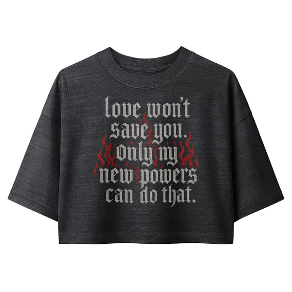 Woman wearing a vintage garment-dyed cropped tee featuring the phrase "Love Won't Save You, Padmé." Relaxed washed Bella + Canvas cropped t-shirt for Anakin Skywalker fans, Anidala fans, Galaxy's Edge outfits, and subtle fandom fashion.