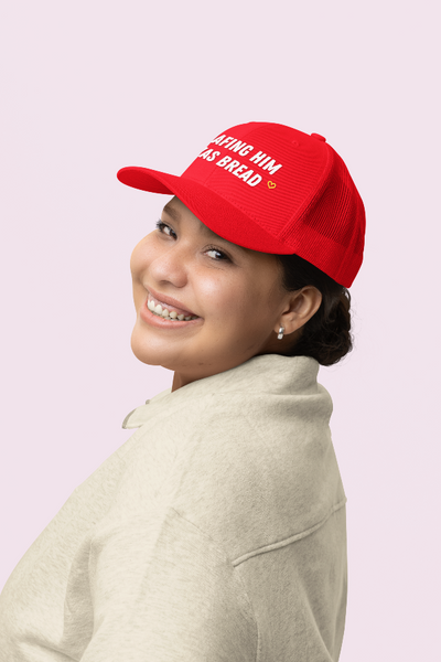 taylor swift new heights podcast trucker hat red yellow white loafing him was bread taylors version funny quote tayvis taylor and travis football kansas city chiefs cap woman wearing with earrings and pullover hoodie