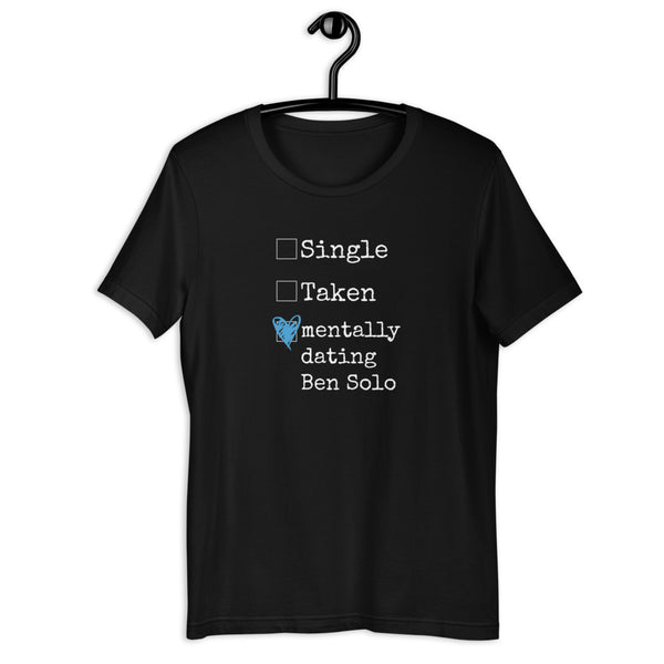 Custom Mentally Dating Shirt, personalize with your celebrity movie character crush. Mentally Dating Kylo Ren in white with red heart on black t-shirt. Size inclusive XS-4XL. Worldwide shipping. Nerdy fan merchandise outfits. Ben Solo with blue heart blue butterflies world between worlds Reylo
