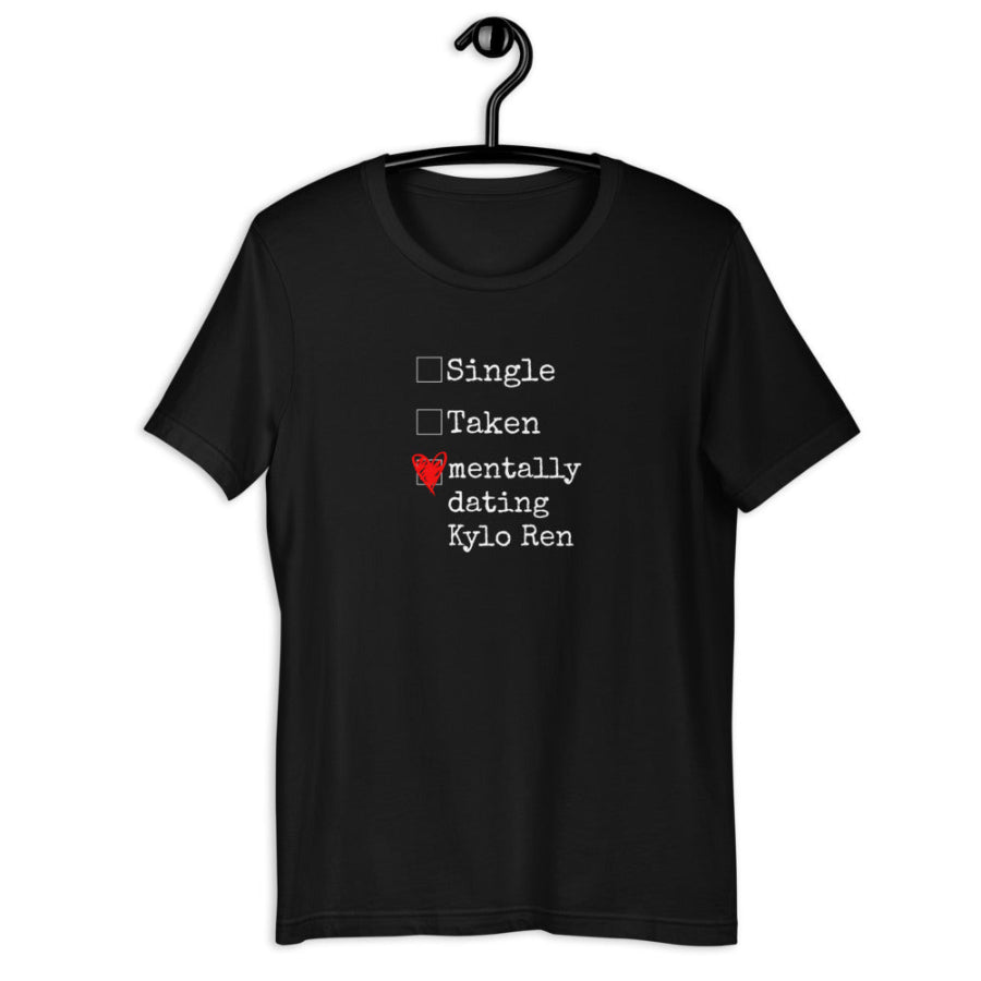 Custom Mentally Dating Shirt, personalize with your celebrity movie character crush. Mentally Dating Kylo Ren in white with red heart on black t-shirt. Size inclusive XS-4XL. Worldwide shipping. Nerdy fan merchandise outfits. Ben Solo with blue heart blue butterflies world between worlds Reylo