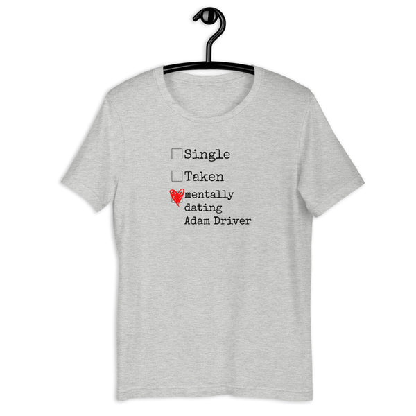 Custom Mentally Dating Shirt, personalize with your celebrity movie character crush. Mentally Dating Kylo Ren in white with red heart on black t-shirt. Size inclusive XS-4XL. Worldwide shipping. Nerdy fan merchandise outfits. Adam Driver Kylo Ren Ben Solo good soup girls house of Gucci actor crush Stan simp