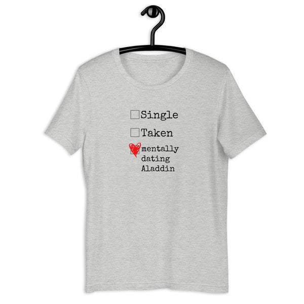 Custom Mentally Dating Shirt, personalize with your celebrity movie character crush. Mentally Dating Kylo Ren in white with red heart on black t-shirt. Size inclusive XS-4XL. Worldwide shipping. Nerdy fan merchandise outfits. Aladdin jasmine disney movies disney prince genie