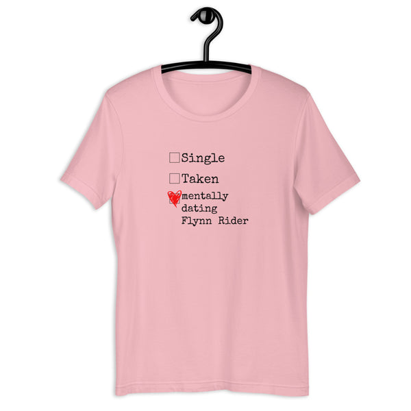 Custom Mentally Dating Shirt, personalize with your celebrity movie character crush. Mentally Dating Kylo Ren in white with red heart on black t-shirt. Size inclusive XS-4XL. Worldwide shipping. Nerdy fan merchandise outfits. Flynn rider tangled rapunzel disney prince movie crush disneyland character meet