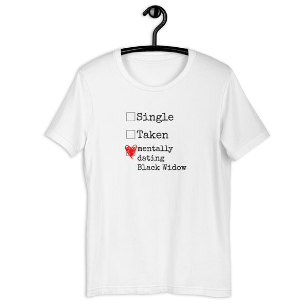 Custom Mentally Dating Shirt, personalize with your celebrity movie character crush. Mentally Dating Kylo Ren in white with red heart on black t-shirt. Size inclusive XS-4XL. Worldwide shipping. Nerdy fan merchandise outfits. black widow Natasha Romanoff avenger's campus scarlet Johansson marvel fan costume cosplay
