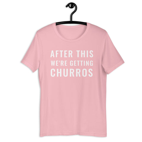 After This We're Getting Churros Shirt in Pink with white design. Disneyland food mickey snacks top Disney World outfit graphic tee shirt.