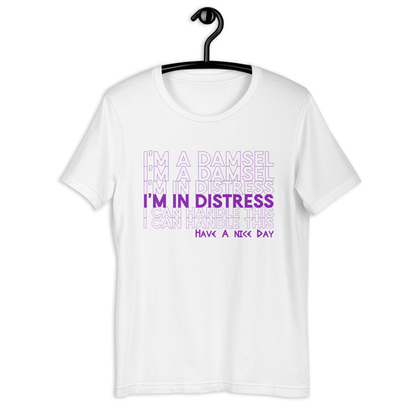 Meg Hercules I'm A Damsel I'm In Distress I Can Handle This Have A Nice Day T-Shirt, unisex graphic tee, disneyland disney world vacation matching shirts, hipster disney princess, megara I can go the distance. Size inclusive XS-4XL in Red and Purple. Thank you Have a nice day.