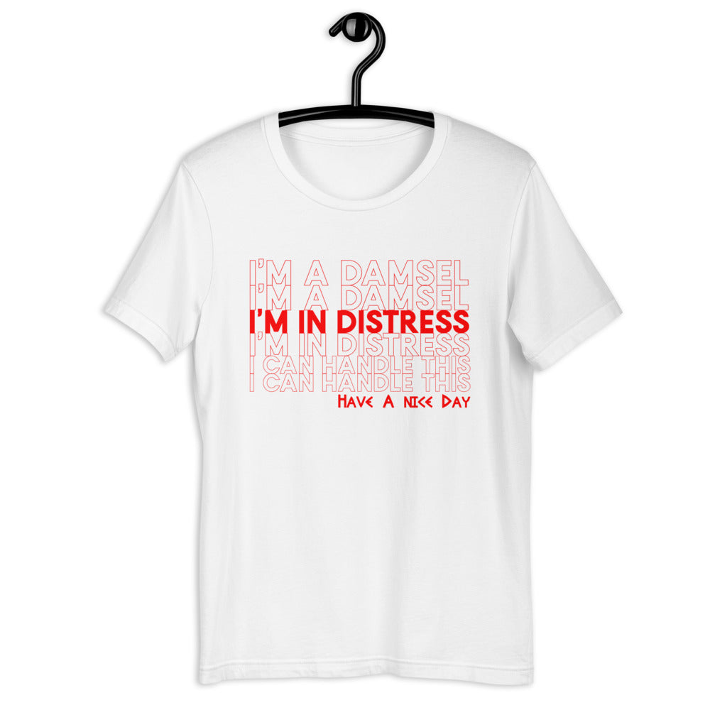 Meg Hercules I'm A Damsel I'm In Distress I Can Handle This Have A Nice Day T-Shirt, unisex graphic tee, disneyland disney world vacation matching shirts, hipster disney princess, megara I can go the distance. Size inclusive XS-4XL in Red and Purple. Thank you Have a nice day.