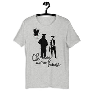 Chewie We're Home Shirt Disney Parks graphic tee Disneyland Disney WORLD Chewbacca holding a Mickey balloon with red heart and Han Solo wearing Mickey ears holding a blaster Neon 90's effect design font