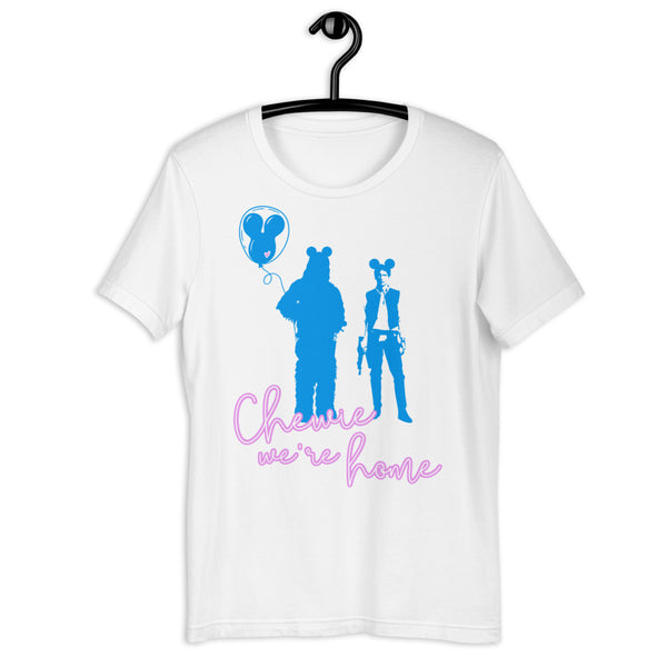 Chewie We're Home Shirt Disney Parks graphic tee Disneyland Disney WORLD Chewbacca holding a Mickey balloon with red heart and Han Solo wearing Mickey ears holding a blaster Neon 90's effect design font white with blue and purple