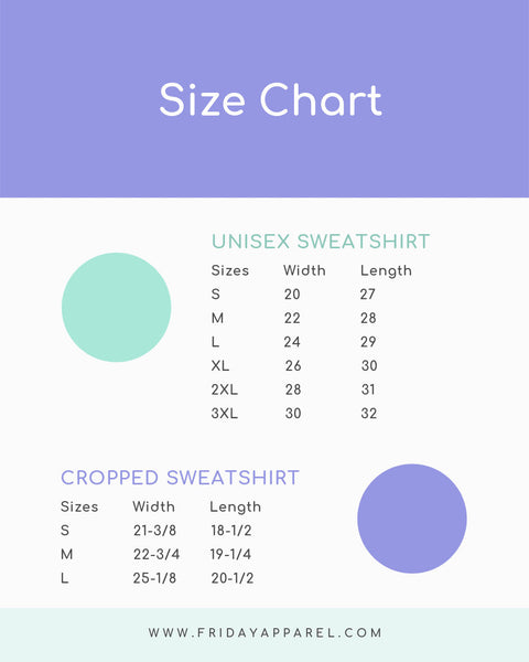 Unisex Sweatshirt size chart Friday Apparel nerdy fan merch clothing apparel. Size inclusive Small-4XL.