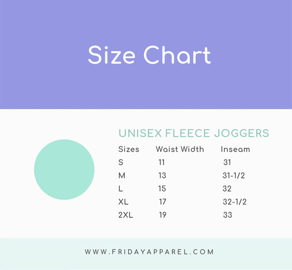 Unisex Fleece Joggers size chart for sweatpants. Size inclusive Small-2XL. Worldwide shipping. Made in the USA.