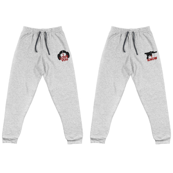 Gray I Love You and I Know embroidered jogger sweatpants inspired by Han Solo and Princess Leia