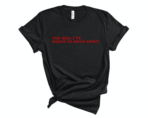Close-up of Kylo’s Heard About You graphic printed on black unisex t-shirt