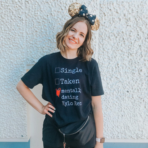 Custom Mentally Dating Shirt, personalize with your celebrity movie character crush. Mentally Dating Kylo Ren in white with red heart on black t-shirt. Size inclusive XS-4XL. Worldwide shipping. Nerdy fan merchandise outfits. disneyland mickey ears fanny pack outfit batuu bound