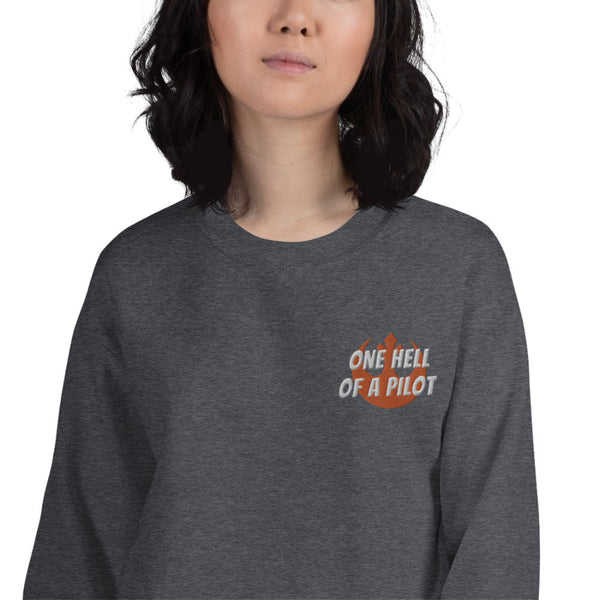 Minimal embroidered One Hell Of A Pilot sweatshirt inspired by Poe Dameron