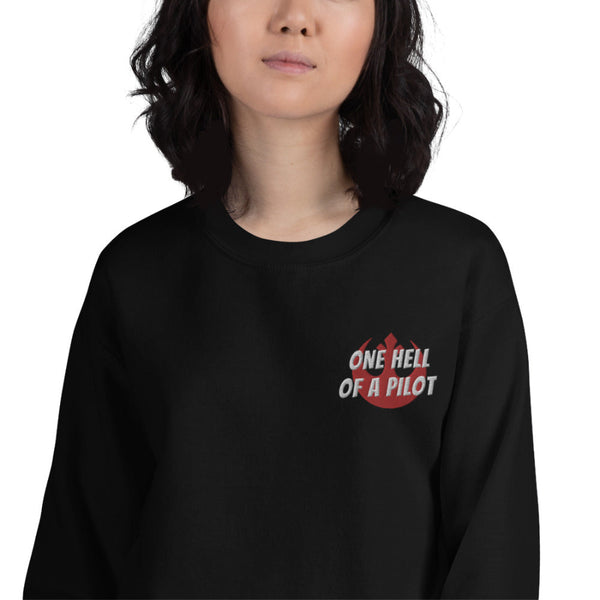Minimal embroidered One Hell Of A Pilot sweatshirt inspired by Poe Dameron