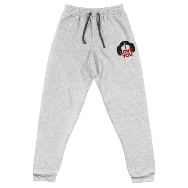 Gray unisex fleece joggers with I Love You embroidery for a matching fandom couple outfit